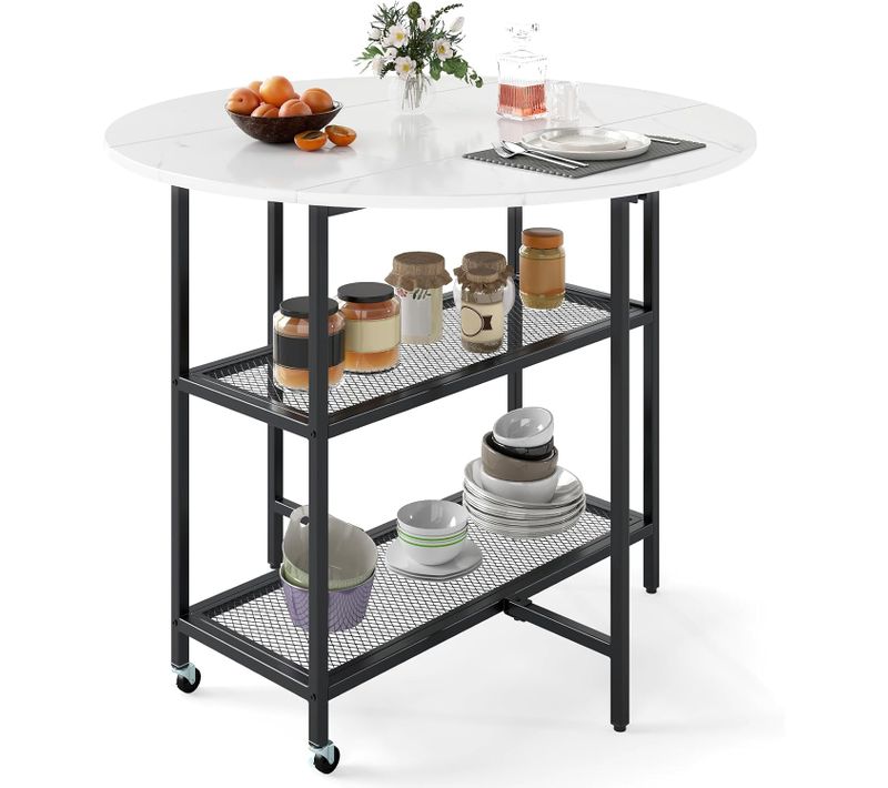 Table Pliante Cuisine Ronde, Table à Manger Extensible Sur Roulettes Pour 2-4 Personnes (blanc)