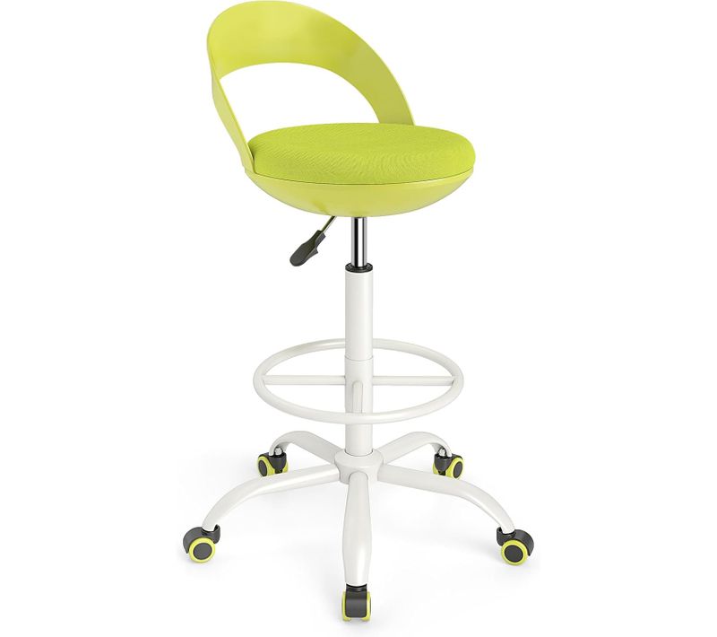 Tabouret Roulant Rond Avec Repose-pieds, Hauteur D'assise 70-82 Cm, Fauteuil De Bureau, Vert
