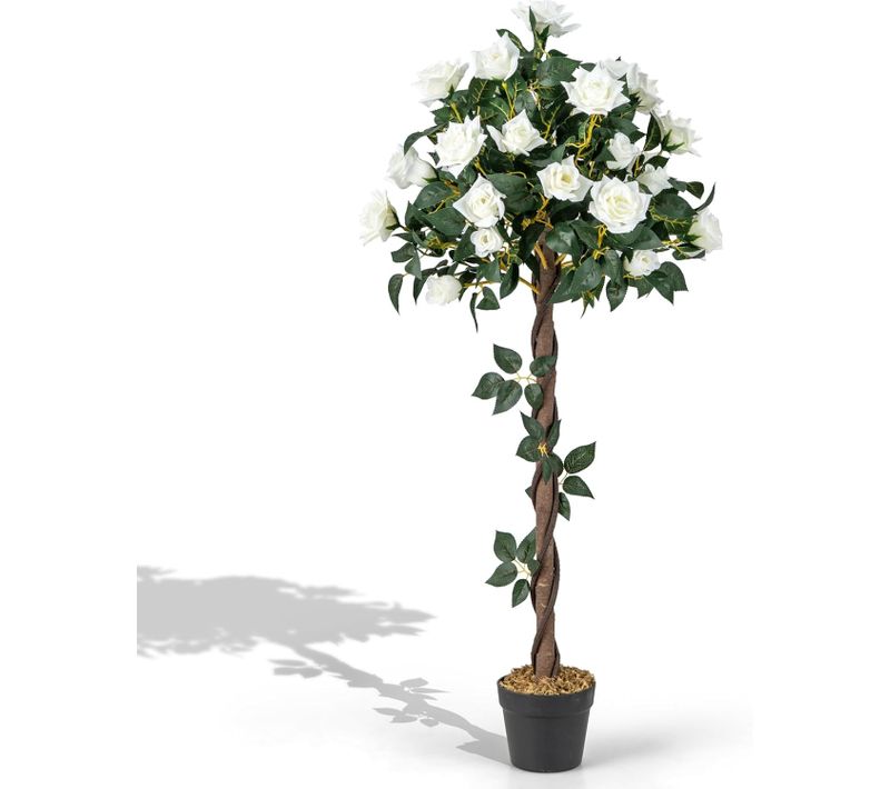 Plante Artificielle De 120 Cm En Pot, Fausse Fleurs Avec Pot De Pépinière Roses Blanches