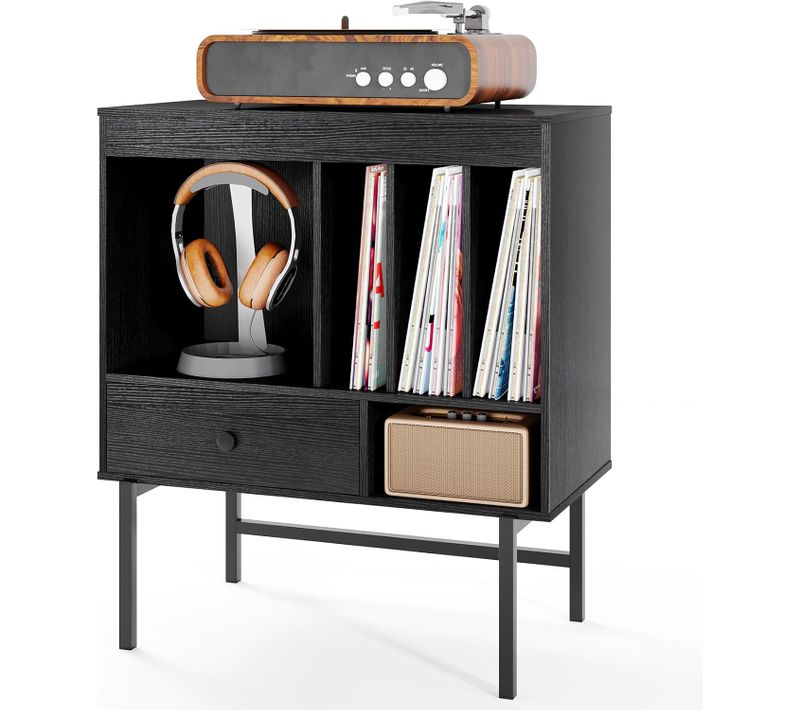 Meuble Disque Vinyle Avec Tiroir, Rangement Platine Vinyle 5 Compartiments, Bout De Canape (noir)