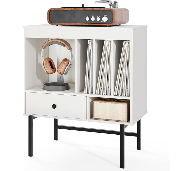 Meuble Disque Vinyle Avec Tiroir, Rangement Platine Vinyle 5 Compartiments, Bout De Canape (blanc)
