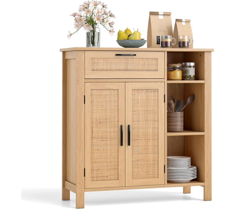 Buffet Cuisine Rotin Avec Tiroir, Meuble Cannage Bohème Avec Portes En Rotin Tressé,étagère Réglable