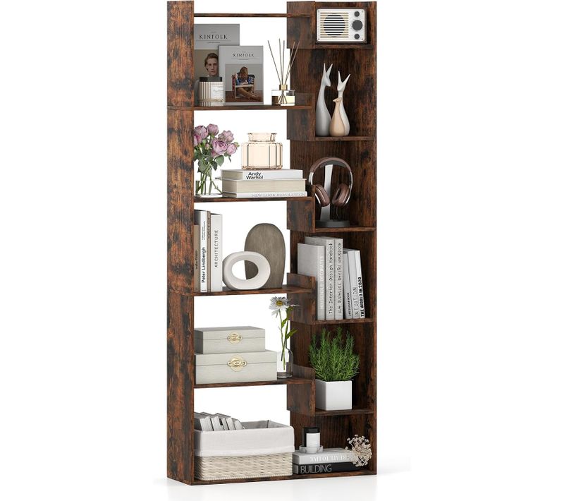Bibliothèque 6 Niveaux, Étagère En Bois Avec 2 Kits Anti-bascule,22x69x163cm(marron Rustique)