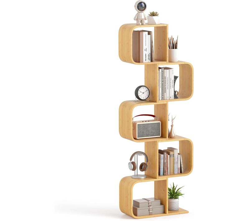 Bibliothèque En Forme De 's' à 5 Niveaux, Etagère En Bambou, Etagère D'angle Géométrique,naturel