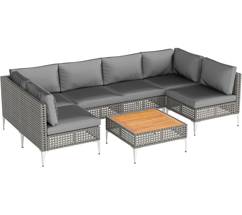 Ensemble De Meubles D'extérieur 7 Pièces En Osier Charge 180kg, Salon De Jardin, Gris