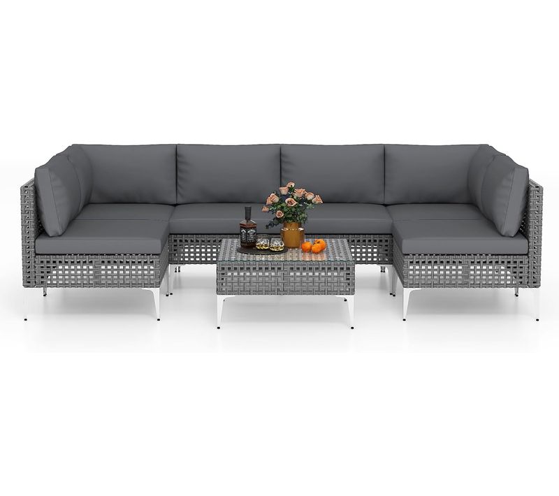 Ensemble De Meubles D'extérieur 7 Pièces En Osier Charge 180kg, Salon De Jardin,gris