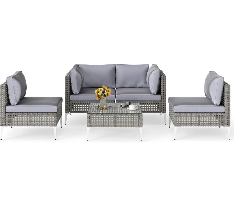 Ensemble De Meubles D'extérieur 5 Pièces En Osier Charge 180kg, Salon De Jardin,gris