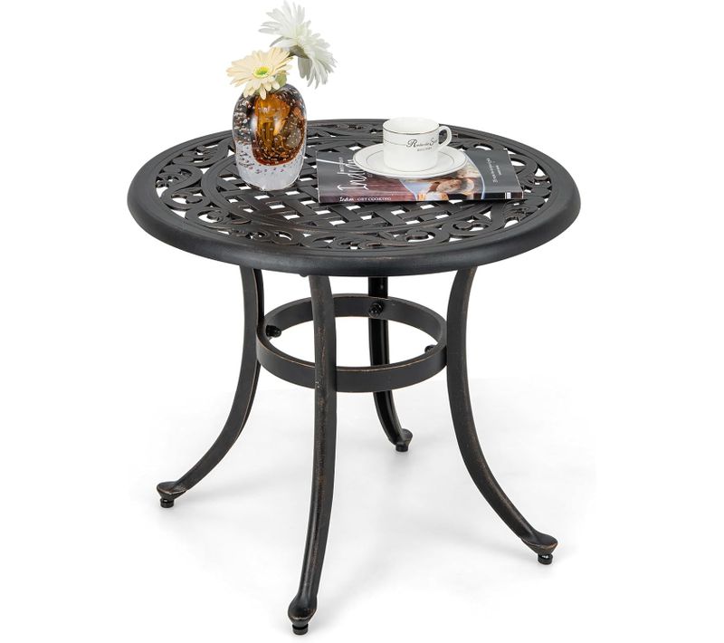 Table De Jardin Ronde 60 Cm En Fonte D'aluminium Avec Repose-pieds Réglables, Noir