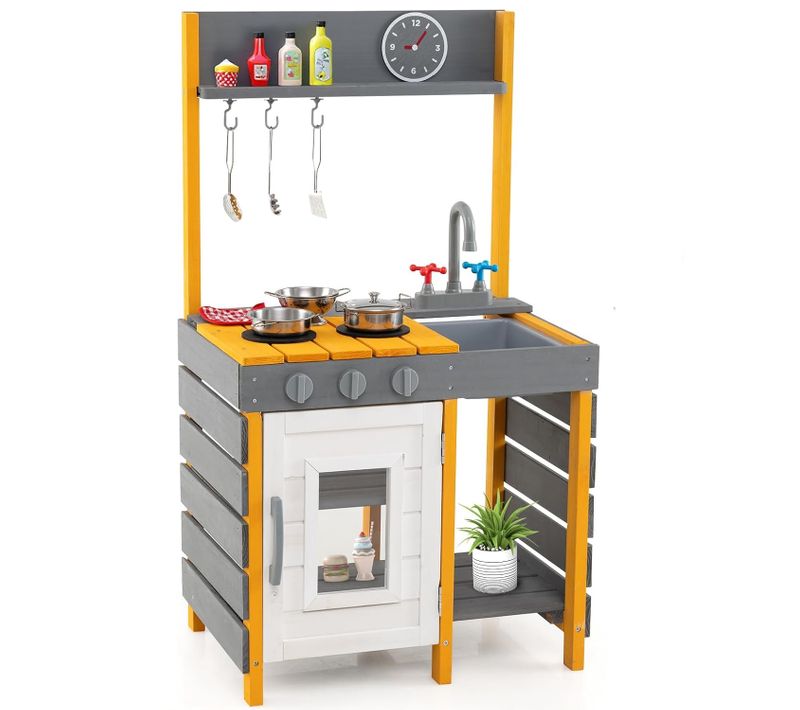 Cuisine Extérieure Enfant En Bois Avec Évier Et Robinet, Bouton Rotatif Et Four (gris + Jaune)