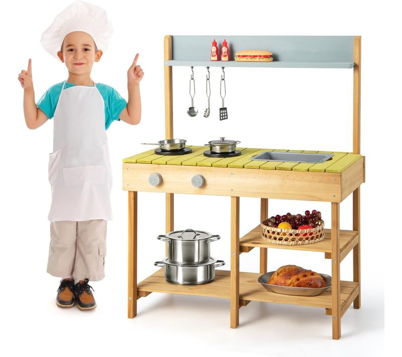 Cuisine Extérieure Enfant Bois 75x35x92cm, Évier Amovible,2 Pots,3 Crochets,3 Ans+,naturel