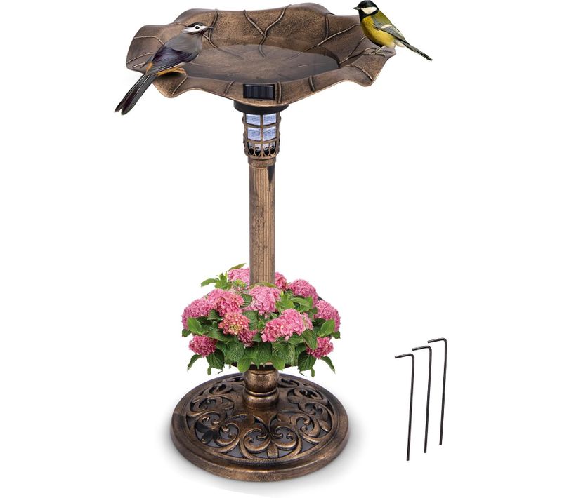 Bain D'oiseaux Énergie Solaire, Décoration D'extérieur Sur Piédestal Rétro Avec Mangeoire (bronze)
