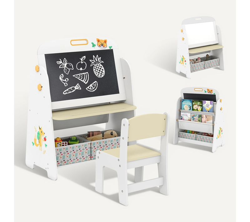 4 En 1 Chevalet Enfant En Bois Avec Chaise et Tableau Magnétique et 2 Bacs En Tissu,Naturel