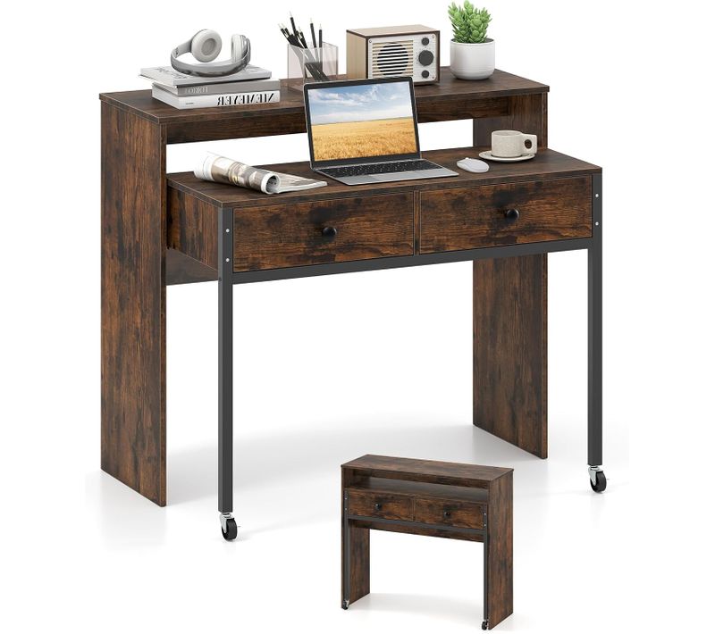 Bureau Extensible, Table D'ordinateur Gain De Place Avec Tiroirs, Bureau Console (marron Rustique)