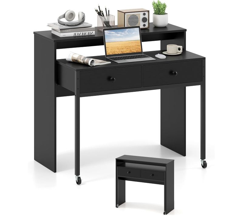 Bureau Extensible, Table D'ordinateur Gain De Place, Bureau Console En Bois Compacte (noir)