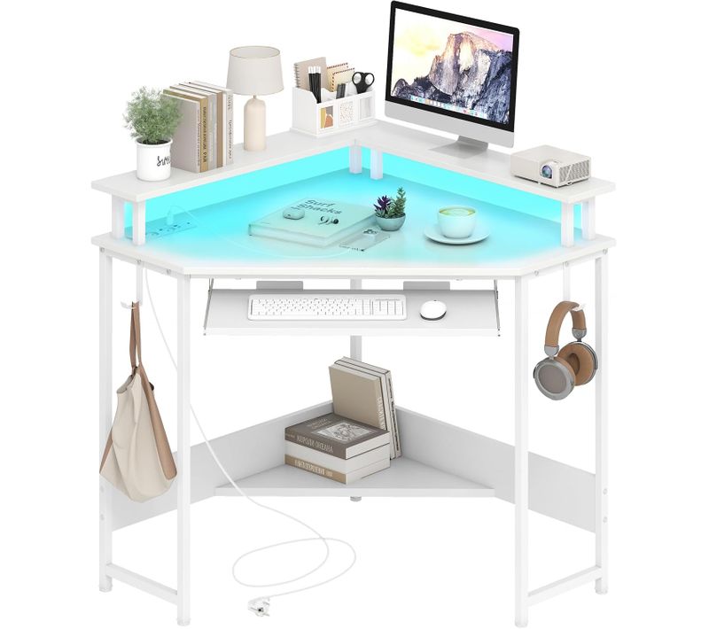 Bureau D'angle Avec Station De Charge, Bureau Gaming Avec LED, Plateau Pour Clavier (blanc)