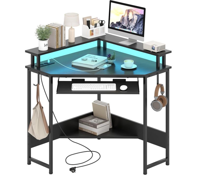 Bureau D'angle Avec Station De Charge, Bureau Gaming Avec LED, Plateau Pour Clavier Et Support(noir)