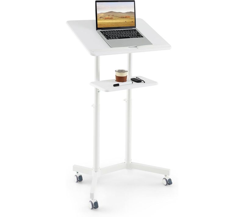 Podium Debout Mobile, Pupitre 104,5-128,5 Cm,  Surface Inclinée Réglable (blanc)