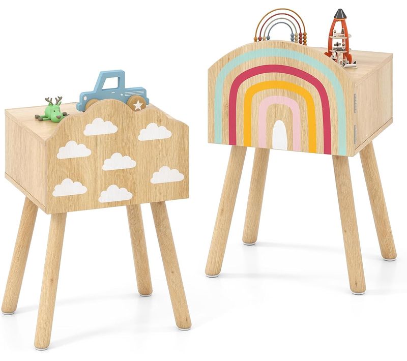 Lot De 2 Table De Chevet Enfant Avec Motif Arc-en-ciel Et Nuage,table De Nuit Enfant Fille,naturel