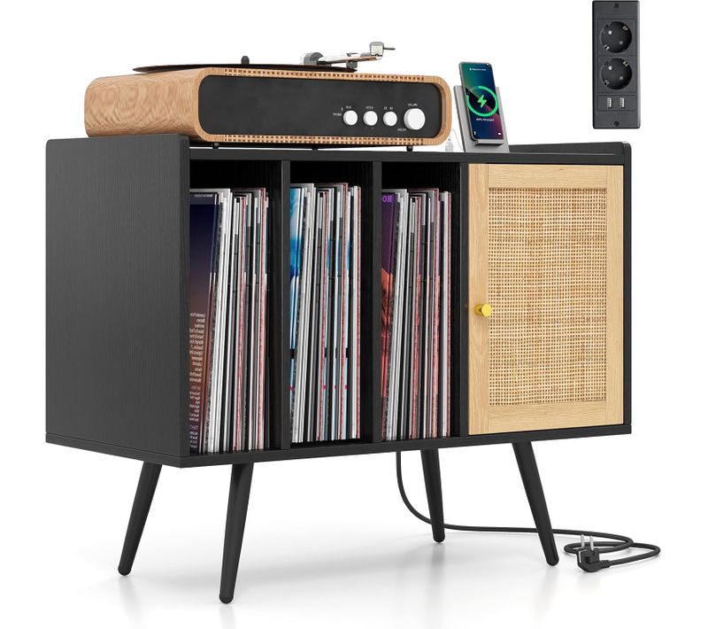Meuble Vinyle Avec Prise,rangement Vinyle Pour 220 Albums,rangement Cd/dvd Manga,meuble Hifi(noir)