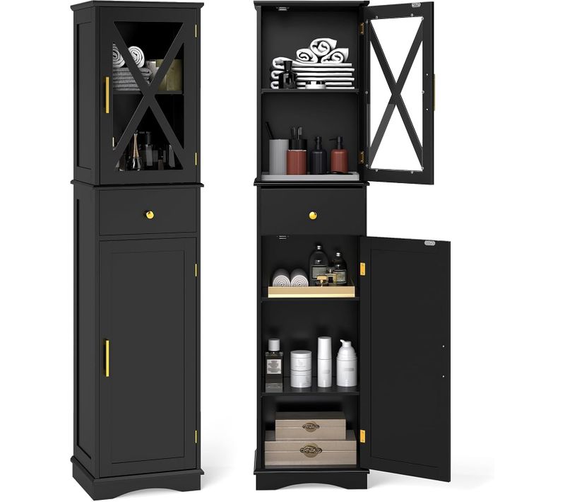 Armoire De Salle De Bain Haute,colonne,meuble De Rangement Avec Placard à Porte(noir)