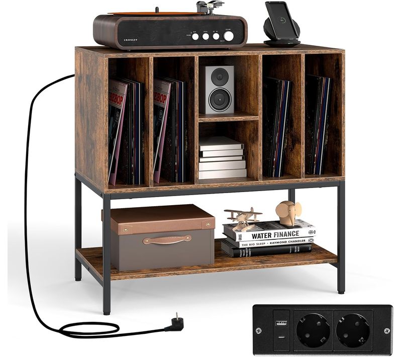 Support Tourne-disque Avec Prise, Rangement Platine Vinyle Avec Étagères (marron Rustique)