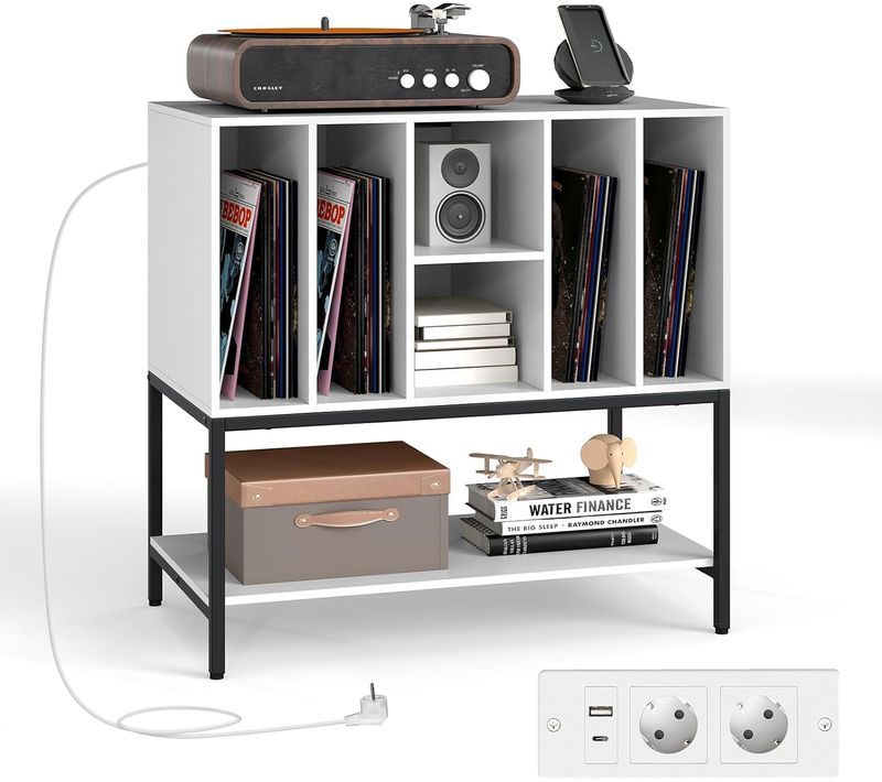 Support Tourne-disque Avec Prise, Rangement Platine Vinyle Avec Étagères, 6 Compartiments (blanc)