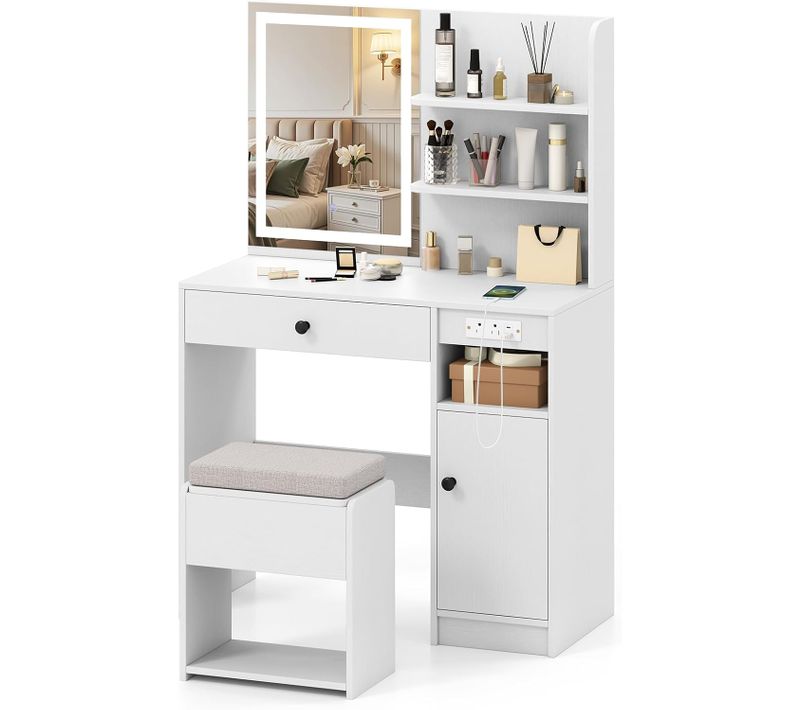 Coiffeuse Avec Miroir Et Tabouret, Coiffeuse Avec Rangement, 3 Modes D'éclairage, Blanc