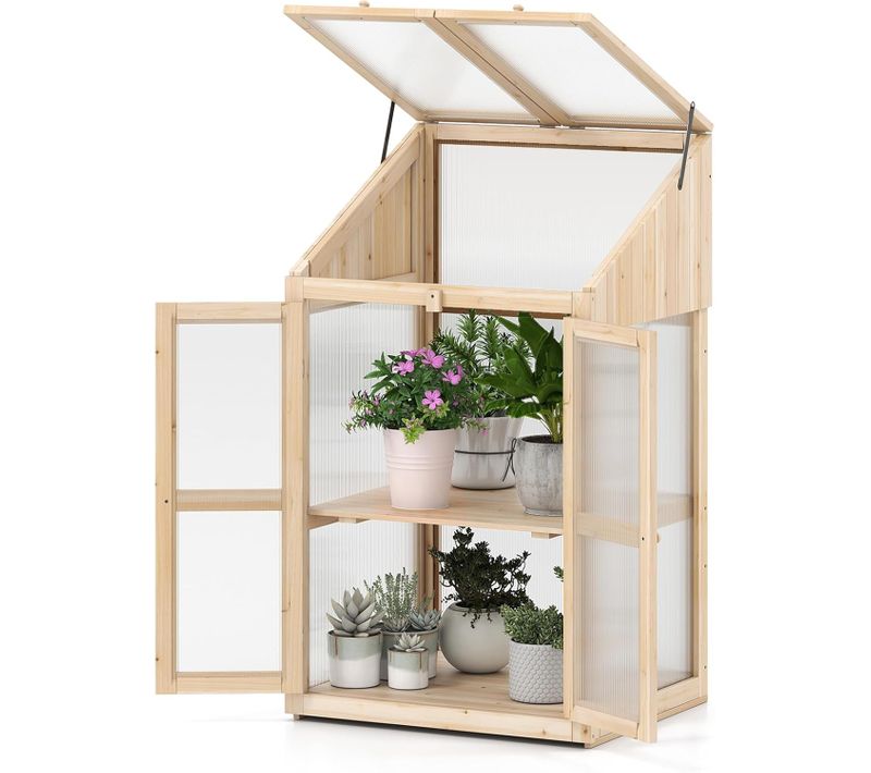 Serre De Jardin à 2 Niveaux En Bois De Sapin 121 Cm, Mini Serre Avec Protection D'étagère Toit