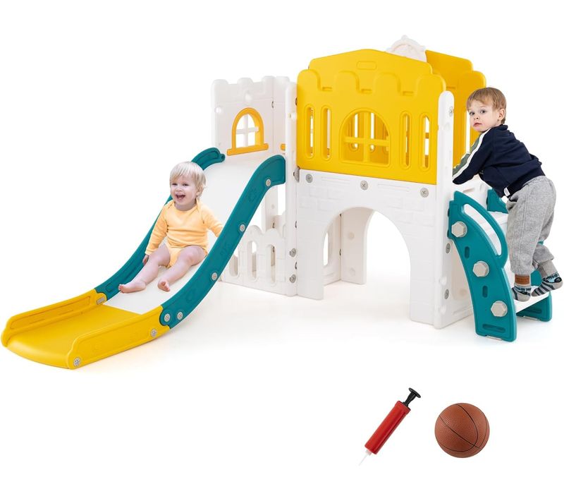 9 En 1 Toboggan Enfant En Hdpe Avec Échelle et Panier De Basketball, Aire De Jeux Intérieure (jaune)