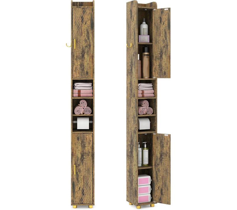 Armoire De Salle De Bain Haute,organiseur Étroit Avec 2 Portes Et Étagères Réglables(brun Rustique)