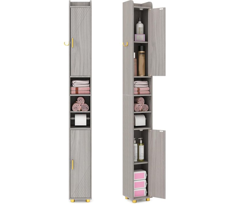 Armoire De Salle De Bain Haute, Organiseur Étroit Avec 2 Portes Et Étagères Réglables(gris)