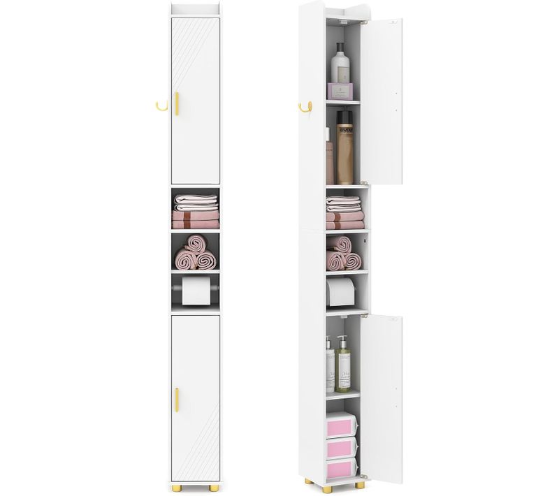 Armoire De Salle De Bain Haute, Organiseur Étroit Avec 2 Portes Et Étagères Réglables (blanc)