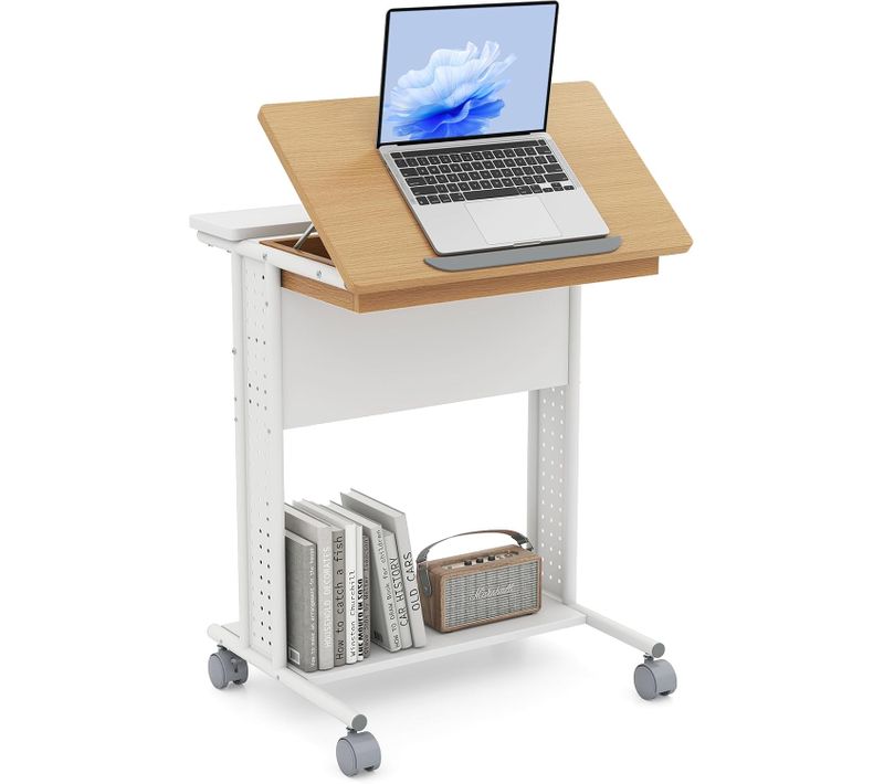 Table Bureau à Roulette, Bureau avec Étagères, Plateau Inclinable, Table d'Appoint en Forme de C