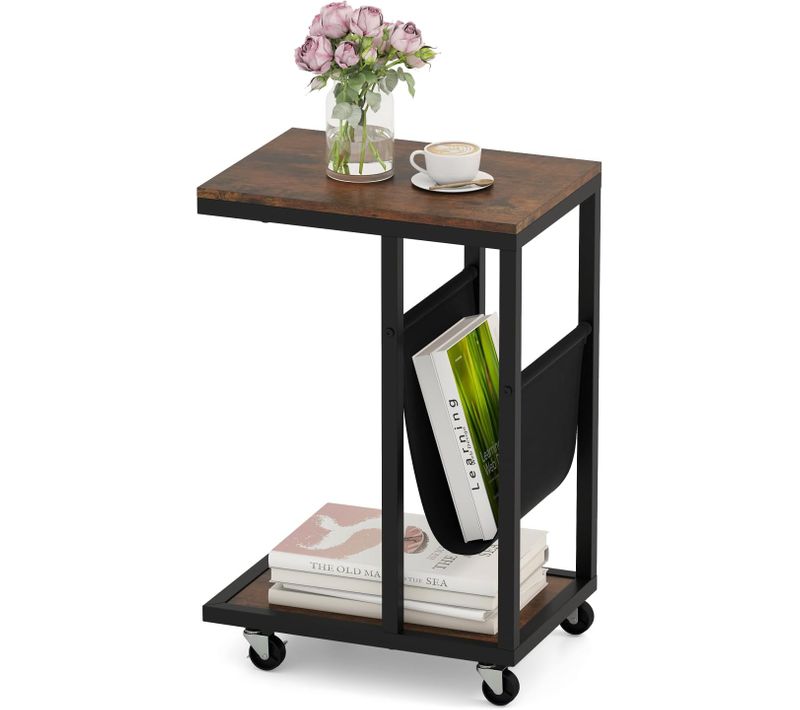 Table D'appoint à Roulettes En Forme De C, Bout De Canapé Industriel 3 Niveaux, Poche,cadre En Métal