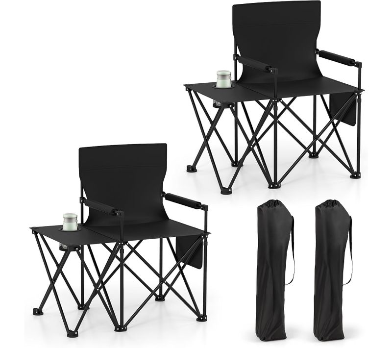 Lot De 2 Chaise Pliante Camping Avec Table Latérale, 2 Poches De Rangement (noir)