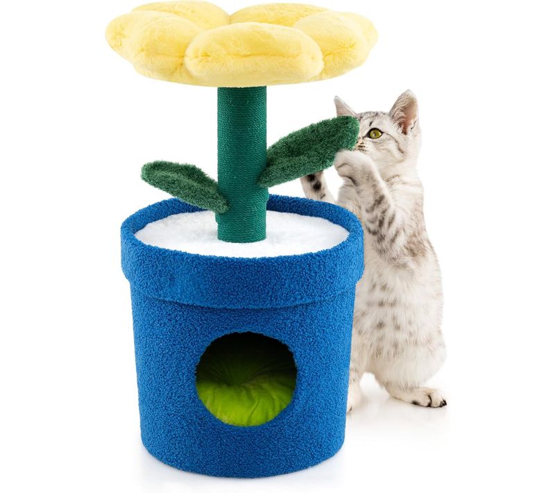 Petit Arbre à Chat 72 Cm, Arbre à Chat Design En Forme De Pot De Fleurs, Condo, (jaune)