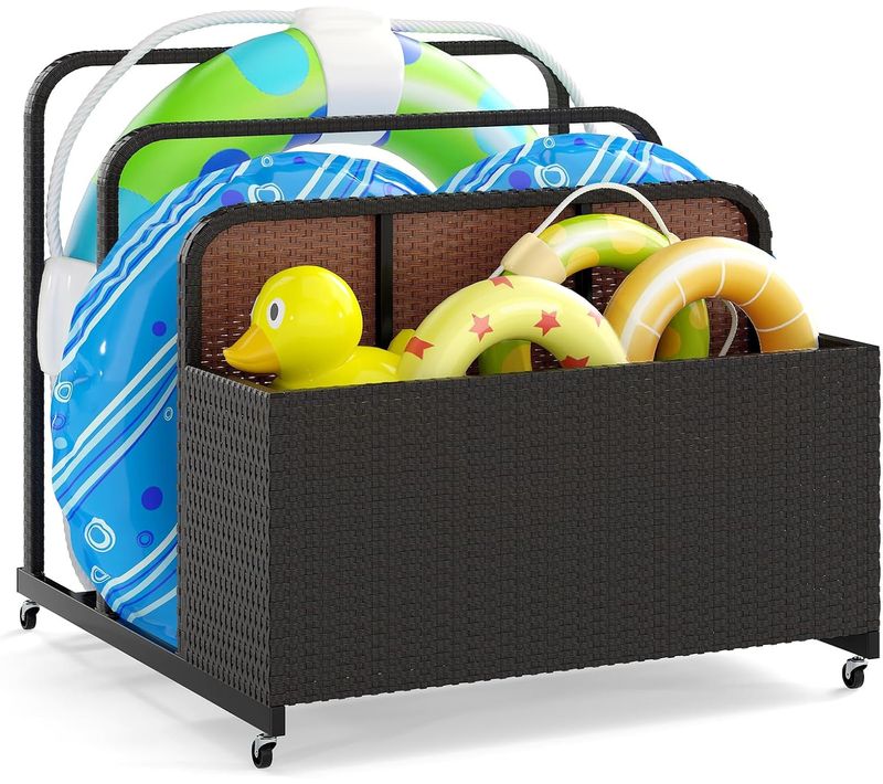 Coffre Piscine Exterieur En Rotin Pe Avec 4 Roues, 2 Barres, 100 X 100 X 94 Cm (marron)