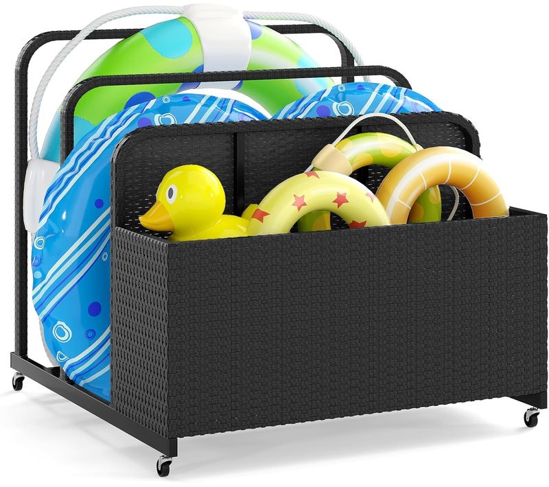 Coffre Piscine Exterieur En Rotin Pe, Chariot à Roulettes Avec 4 Roues, 100 X 100 X 94 Cm (noir)