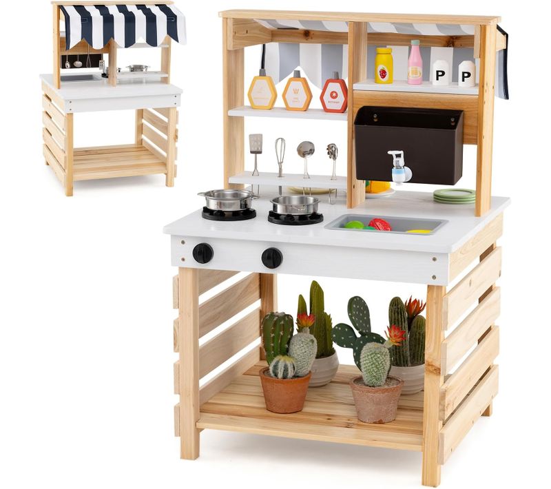Cuisine Enfant Double Face Avec Réservoir à Eau Et Evier Amovible, Auvent, 58x56x87cm (naturel)