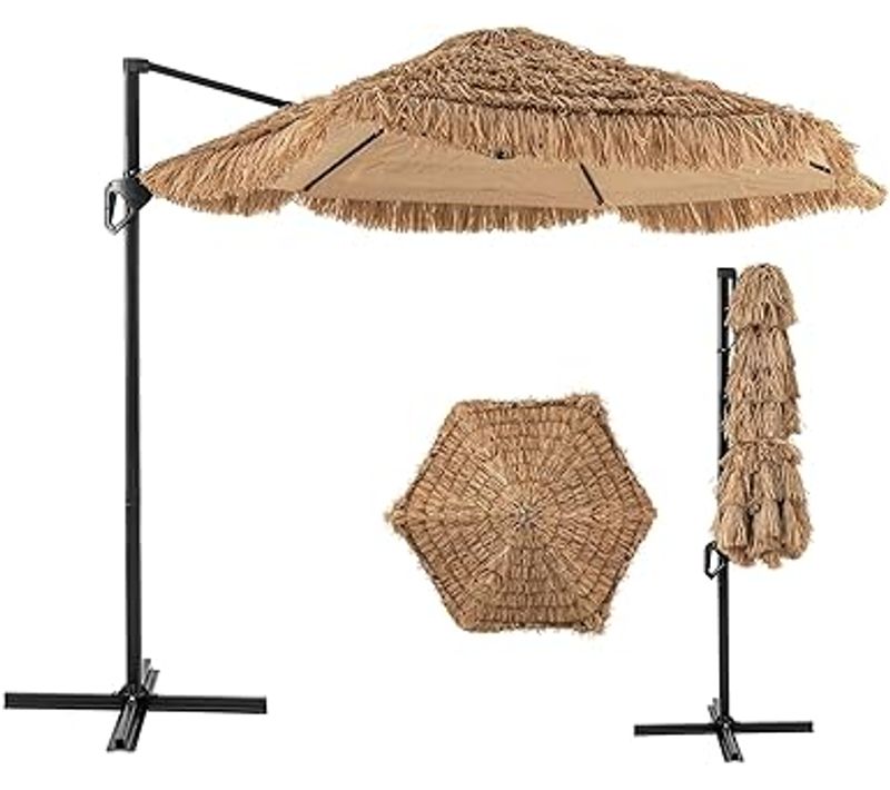 Parasol Déporté Hexagonale, Parasol Chaume De Jardin Exterieur Avec Manivelle