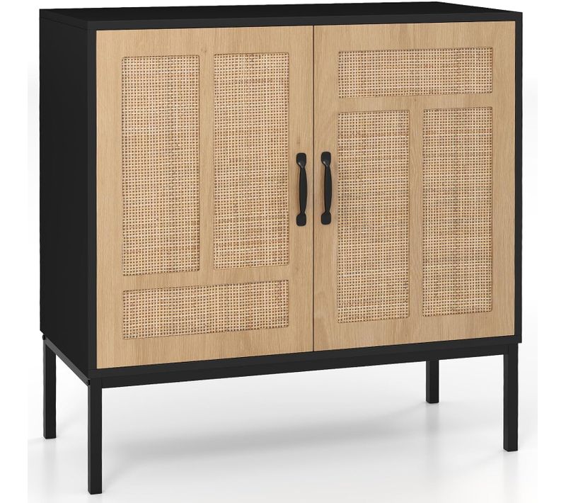 Buffet Cuisine Rotin, Meuble Cannage Bohème Avec Portes En Rotin Tressé, Étagère Réglable(noir)