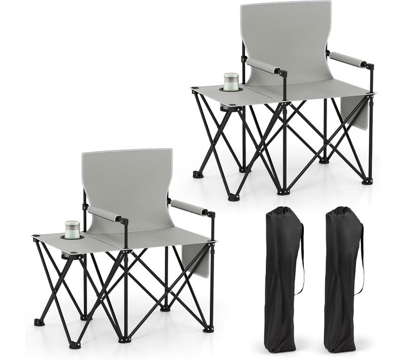 Lot De 2 Chaise Pliante Camping Avec Table Latérale, 2 Poches De Rangement (gris)