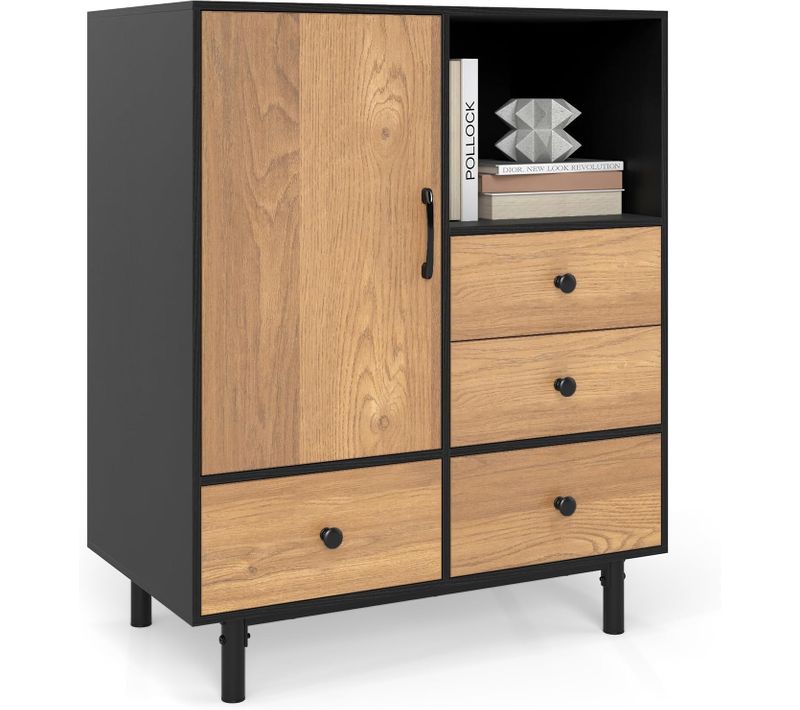 Buffet Bas Cuisine, Meuble Cuisine Rangement Avec 4 Tiroirs, Placard à Porte, Compartiment Ouvert