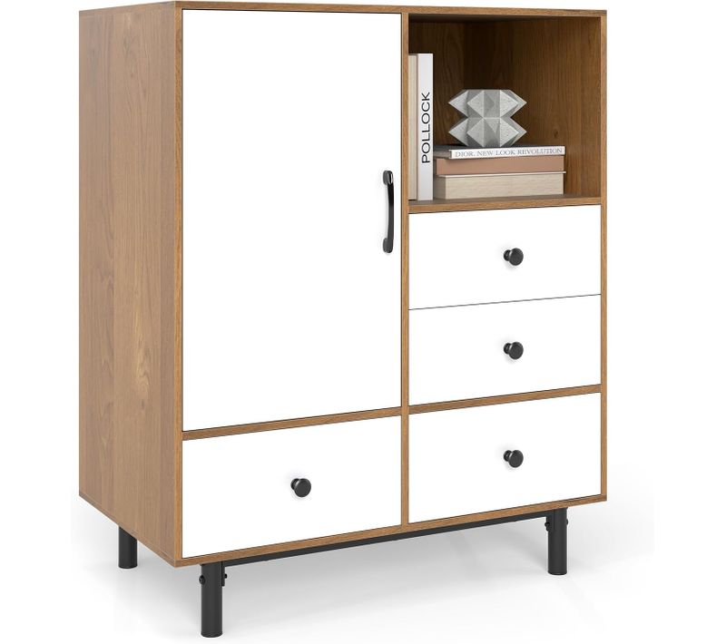 Buffet Bas Cuisine, Meuble Cuisine Rangement Avec 4 Tiroirs, Placard à Porte, Compartiment Ouvert