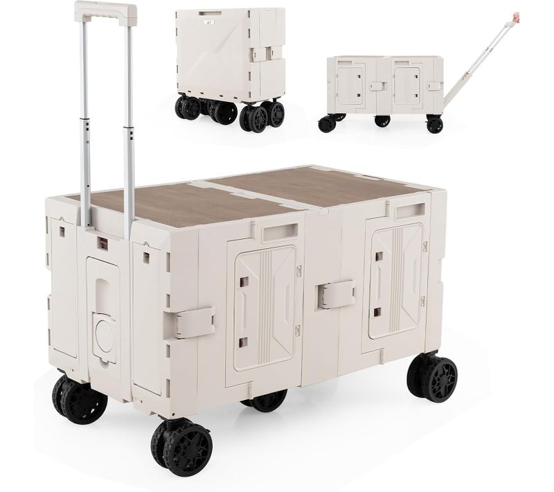 Grand Chariot De Plage Pliable Avec Caisses De Rangement à 2 Niveaux, 5 Roues Pivotantes (blanc)