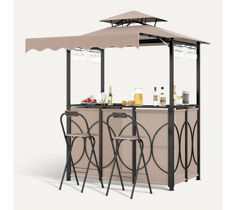 Tonnelle De Barbecue 3 Pièces Extérieur Avec 2 Chaises Pliables Auvent Et Table De Bar (marron)