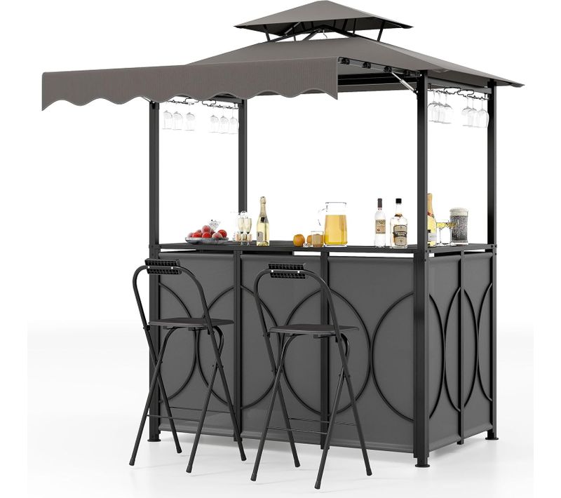 Tonnelle De Barbecue 3 Pièces Extérieur Avec 2 Chaises Pliables Auvent Et Table De Bar (gris)
