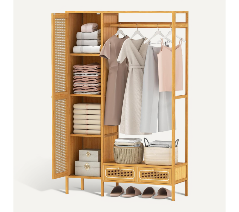 Dressing Penderie Chambre En Bambou 160 Cm, 4 Compartiments, Porte Magnétique, Naturel