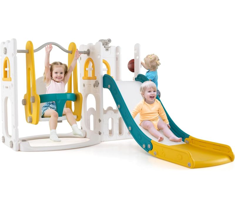 7 En 1 Toboggan Enfant En Hdpe Avec Balançoire et Panier De Basketball, Aire De Jeux (jaune+vert)