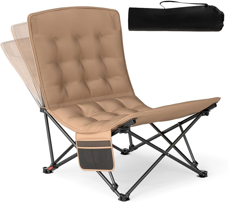 Chaise Pliante Camping, Réglable En 4 Positions, Siège Rembourré, Poche Latérale